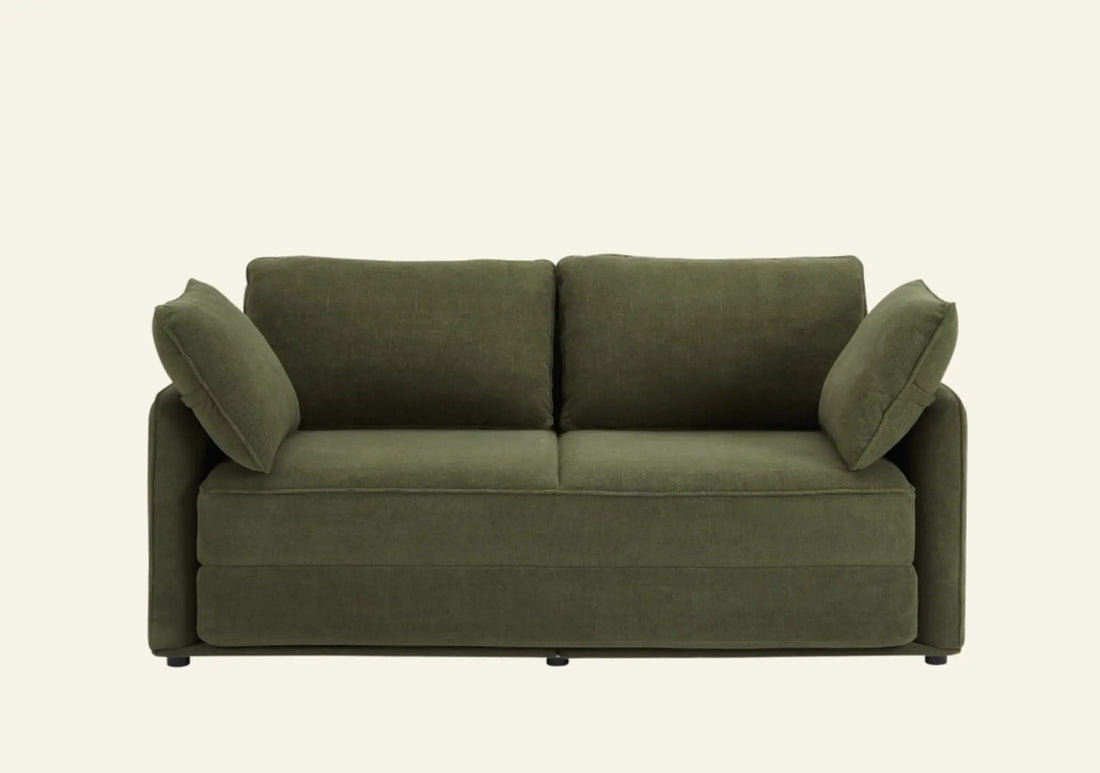Durable family sofa in olive green with rolled armrests and cushioned back support