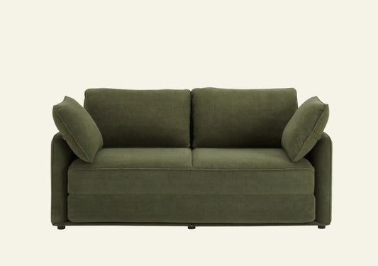 Durable family sofa in olive green with rolled armrests and cushioned back support