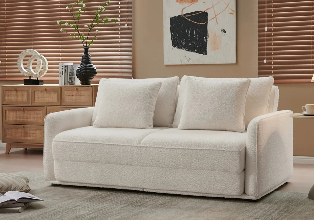 Spill-resistant cream sofa with decorative pillows and wooden furniture in a contemporary living room
