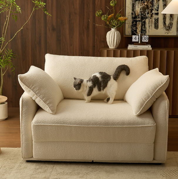 Cat standing on cream boucle Sunset Sofa Bed in a warm walnut-paneled living room.